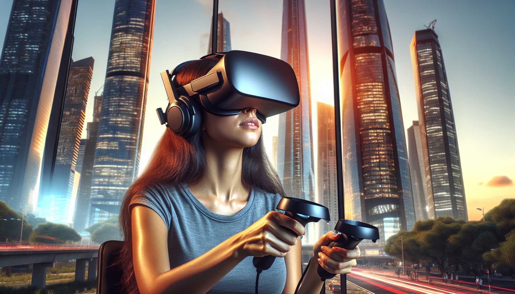 a person playing a virtual reality video game with skyscrapers in the background