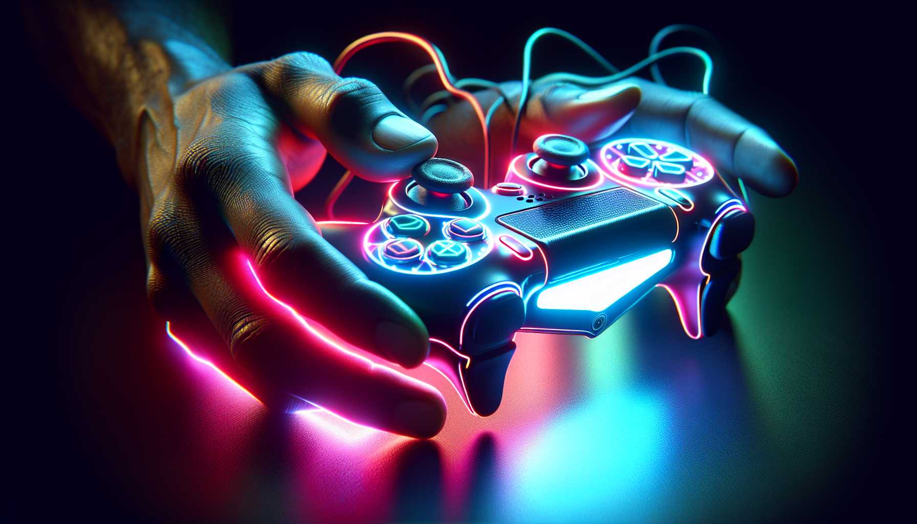 a hand holding a modern gaming console controller with neon lights around