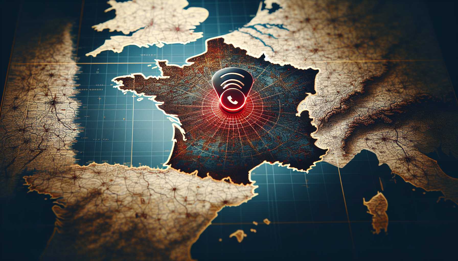 a map of france with a red dot in the center and a phone icon next to it