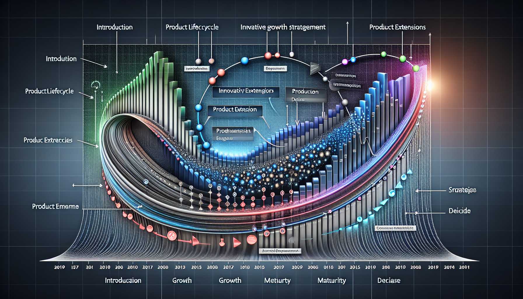 Product lifecycle extension management graph with innovative growth strategies overlaid on a product timeline curve