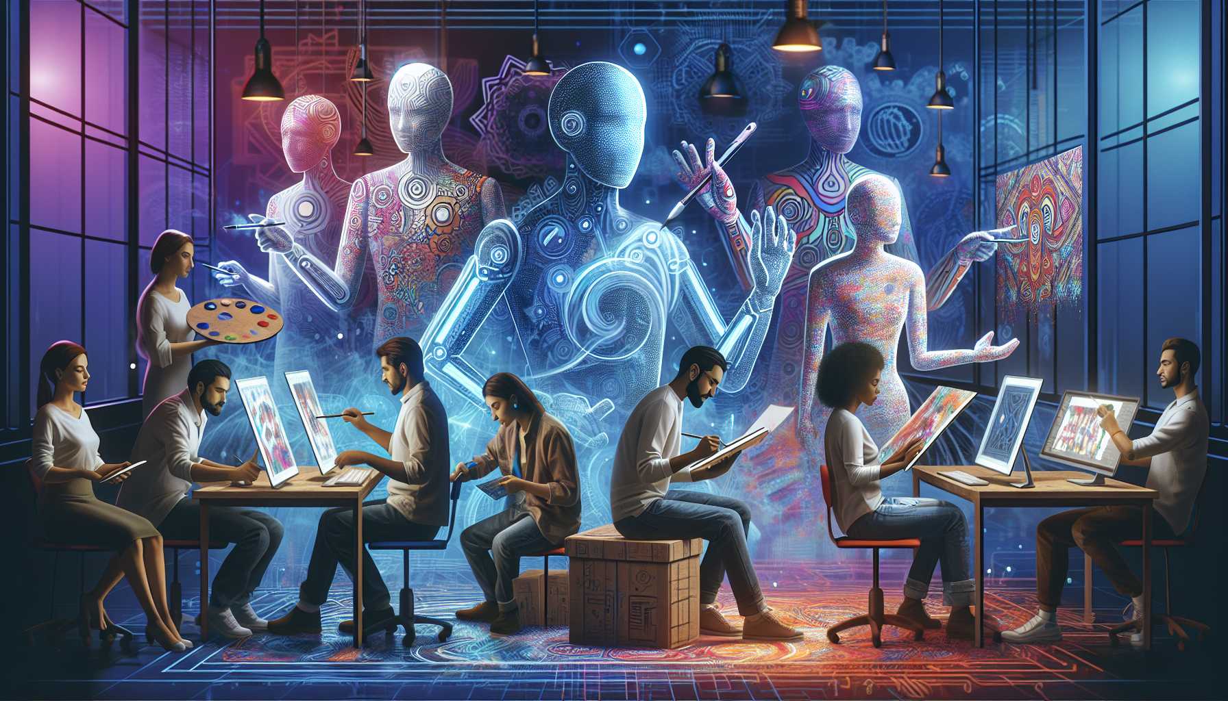 stylized image of AI assistants collaborating with artists on a digital canvas