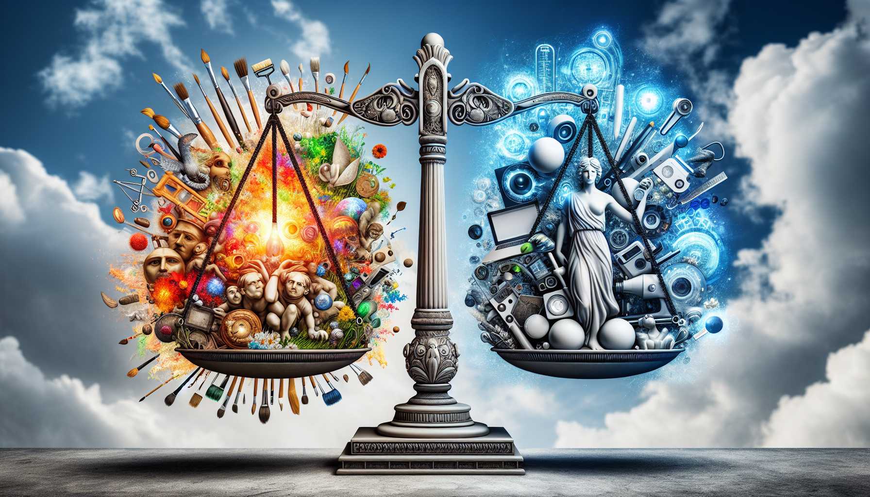 art and technology on a scales of justice concept