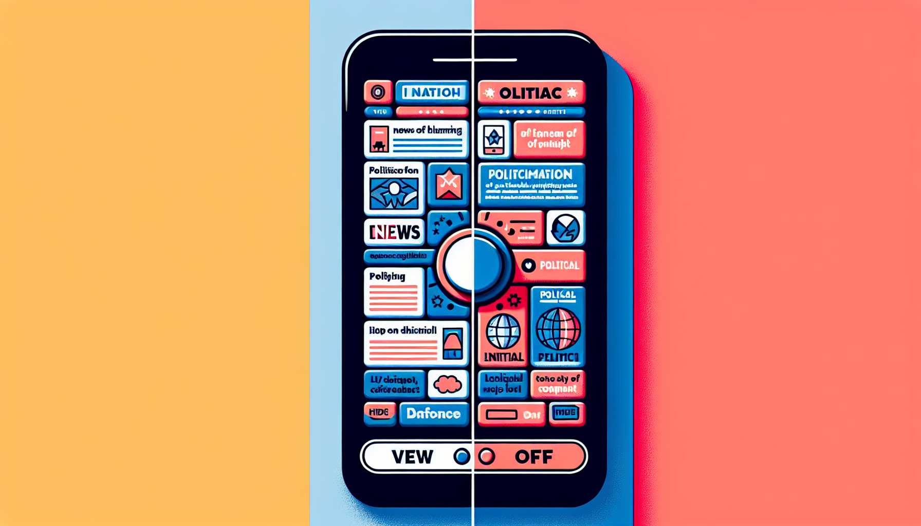 split image of social media app interface with a politics section that has an on/off toggle