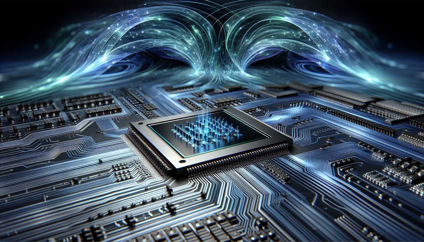 Semiconductor chips on a silicon wafer with electric circuit background