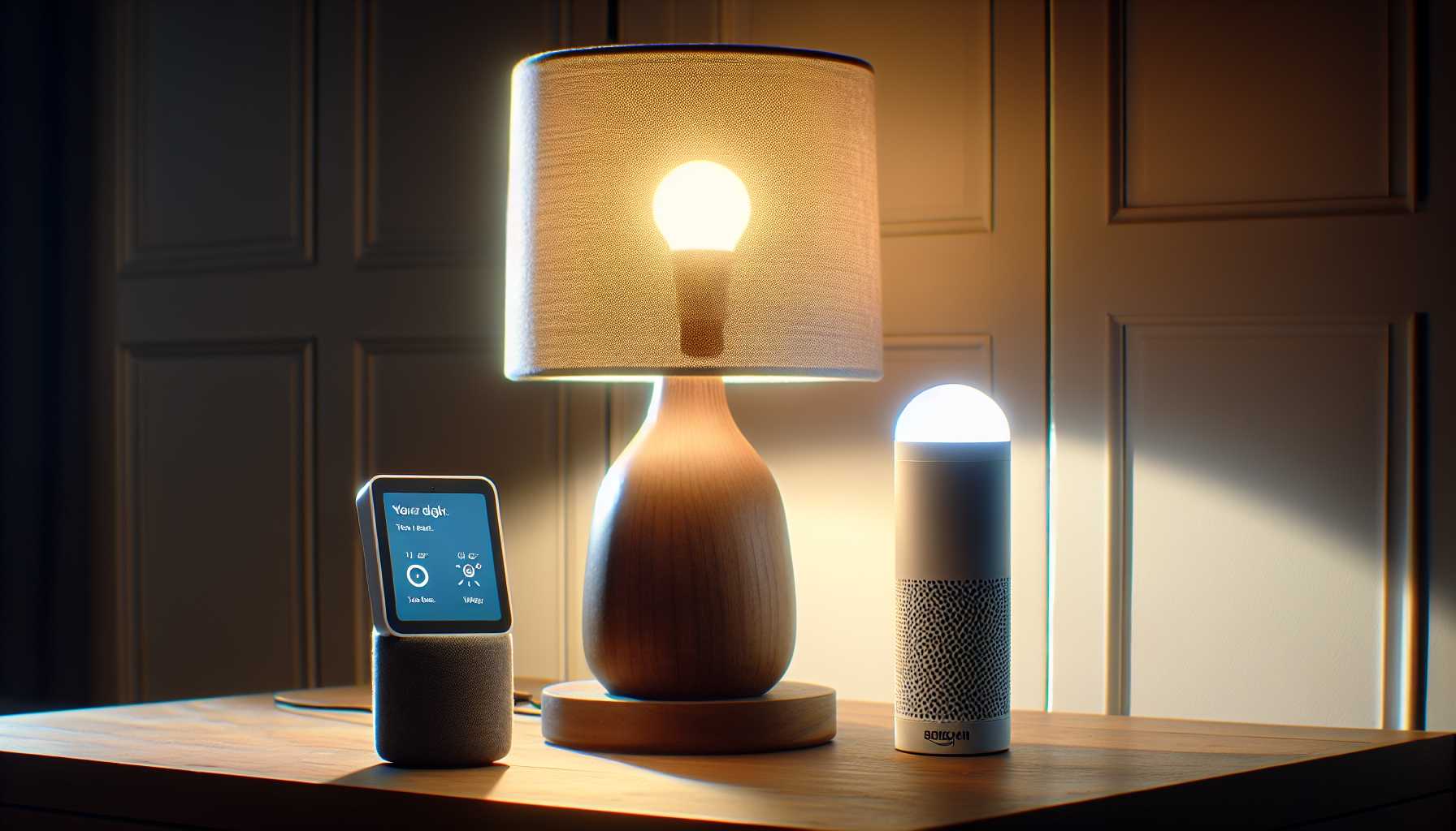 Amazon Echo Show 8 with a smart bulb illuminating a room