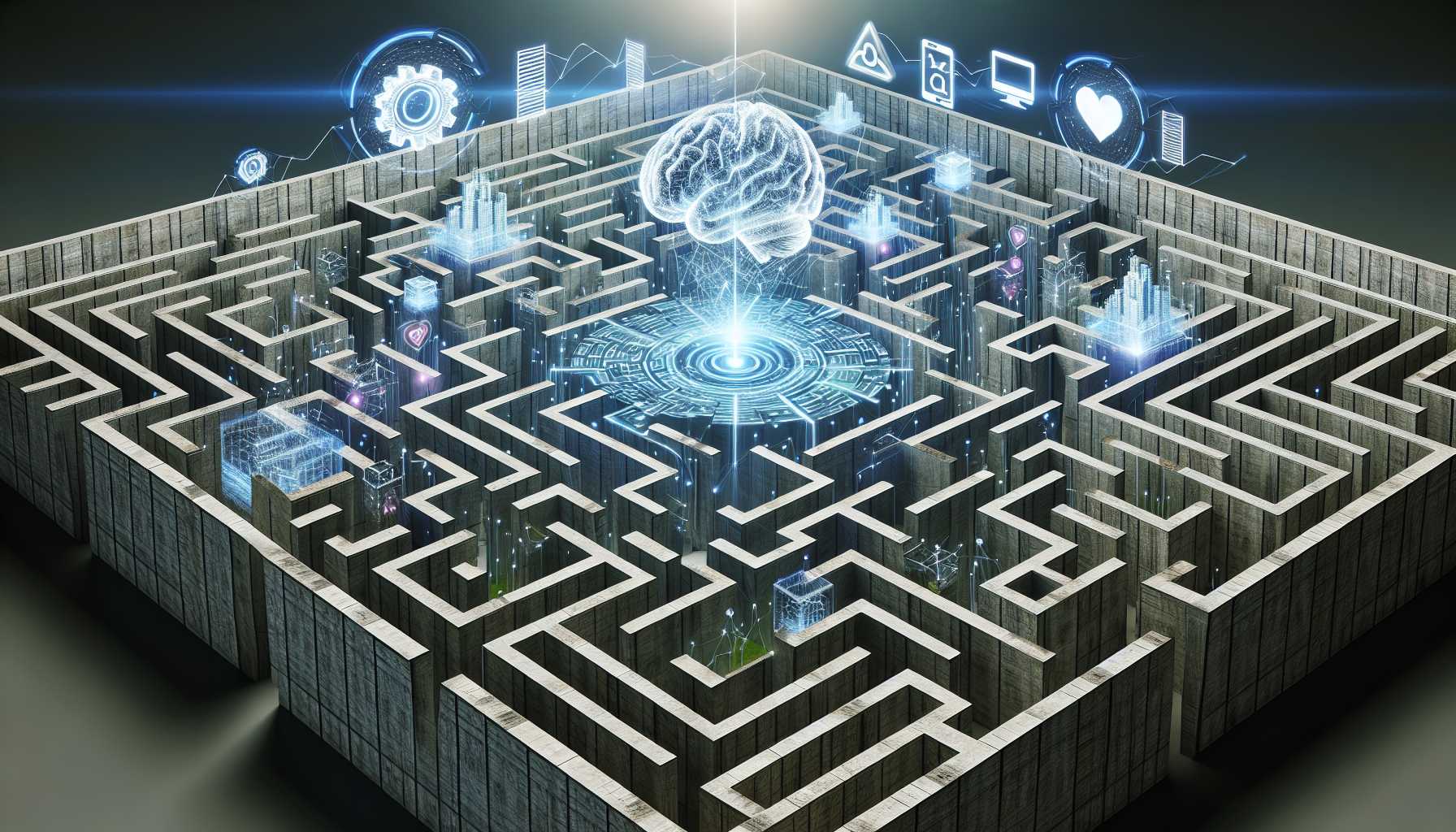 a complex maze overlaid with digital icons representing emerging technologies like AI, VR, and blockchain