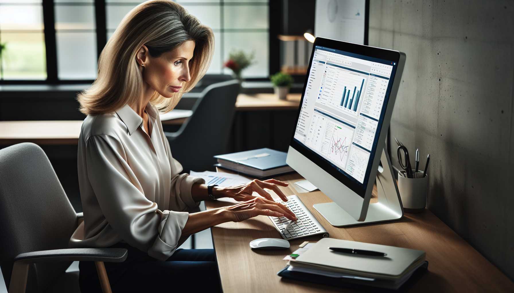 a project manager using management software on a computer