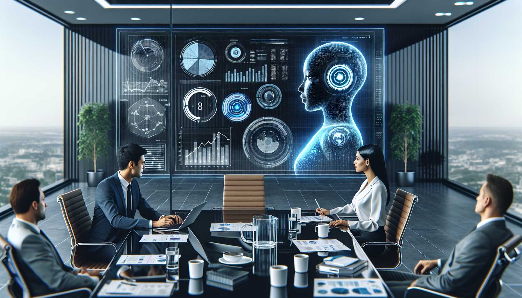 a strategic meeting with AI integration on a digital screen