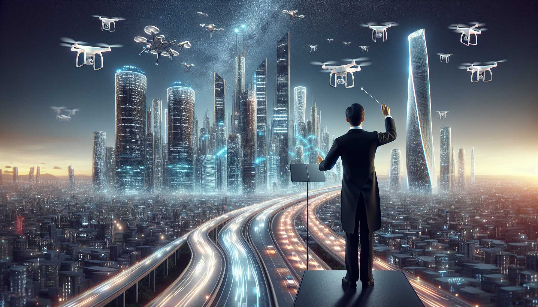 orchestra conductor with a futuristic cityscape and autonomous cars in the background