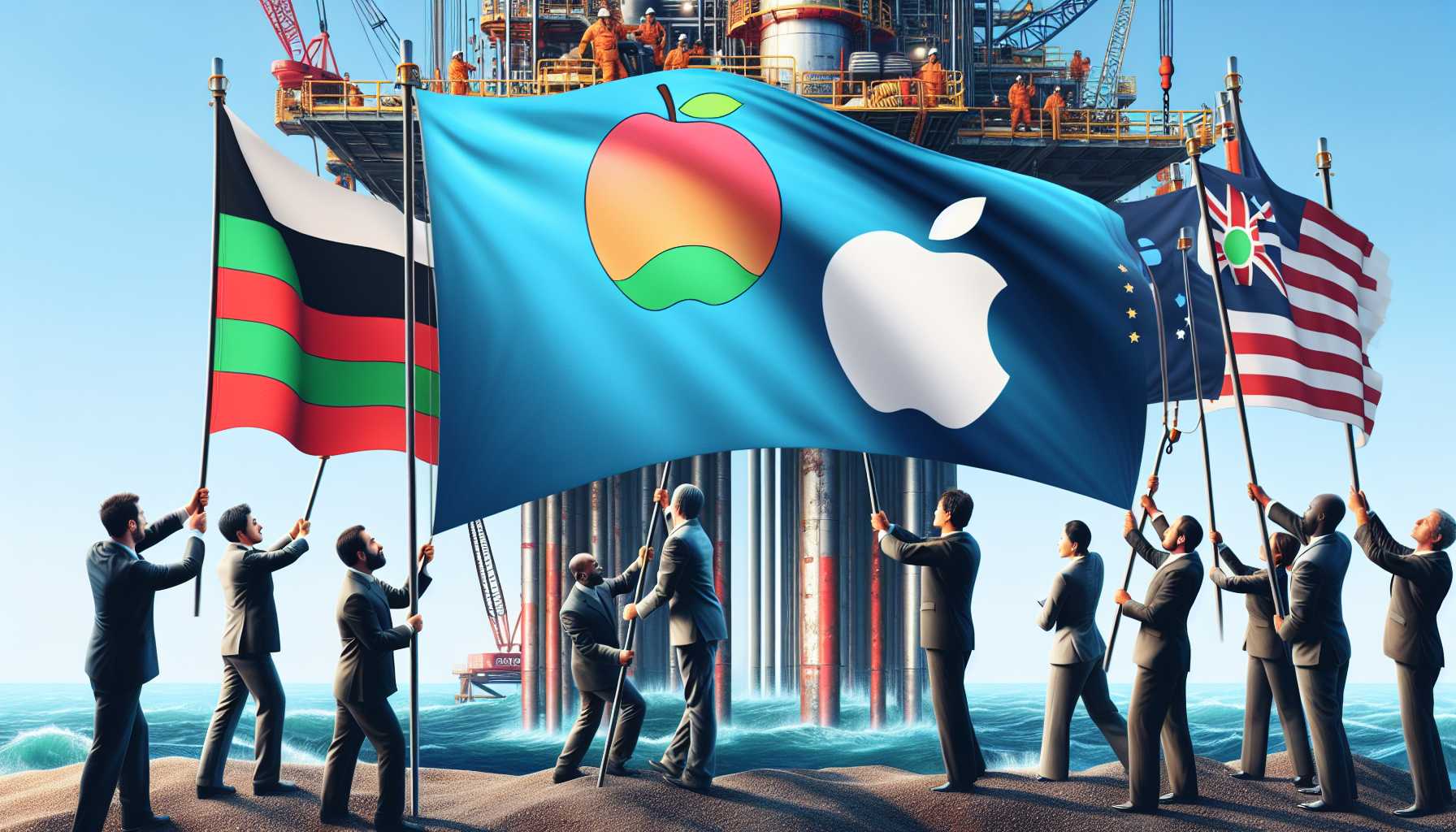 investors planting flags on an oil rig and an Apple logo