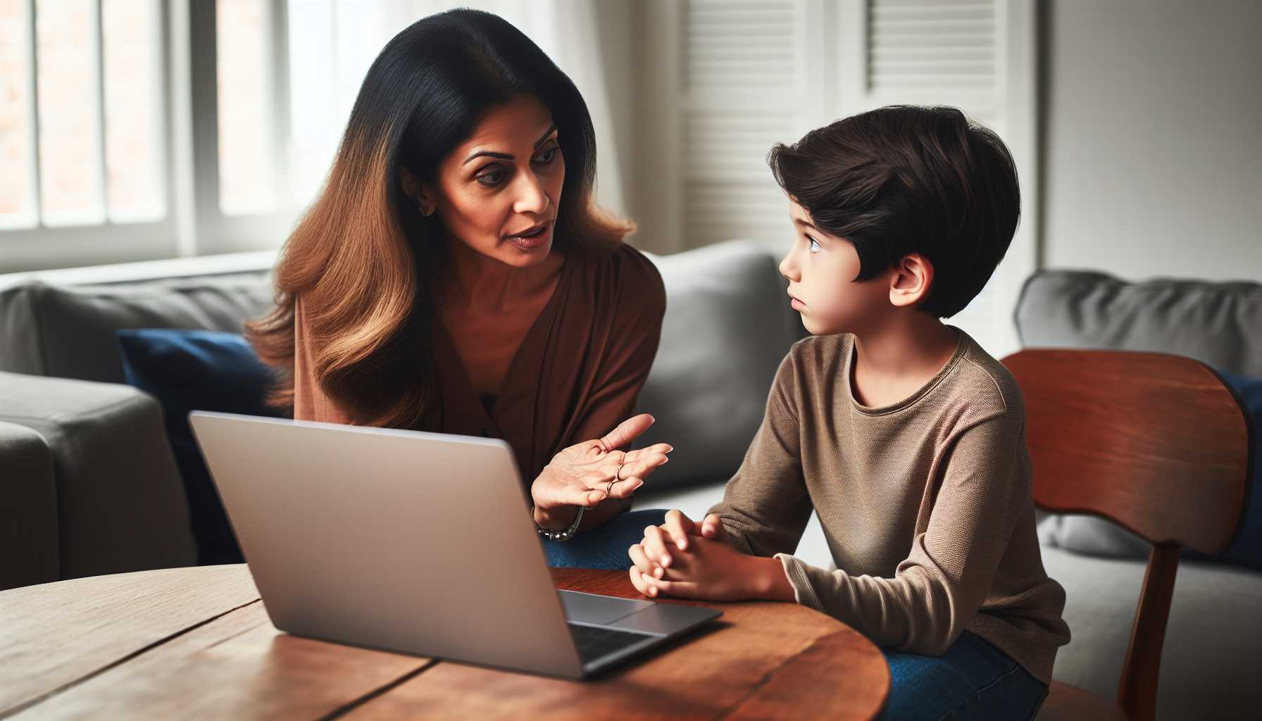 a concerned parent talking to a child about internet safety