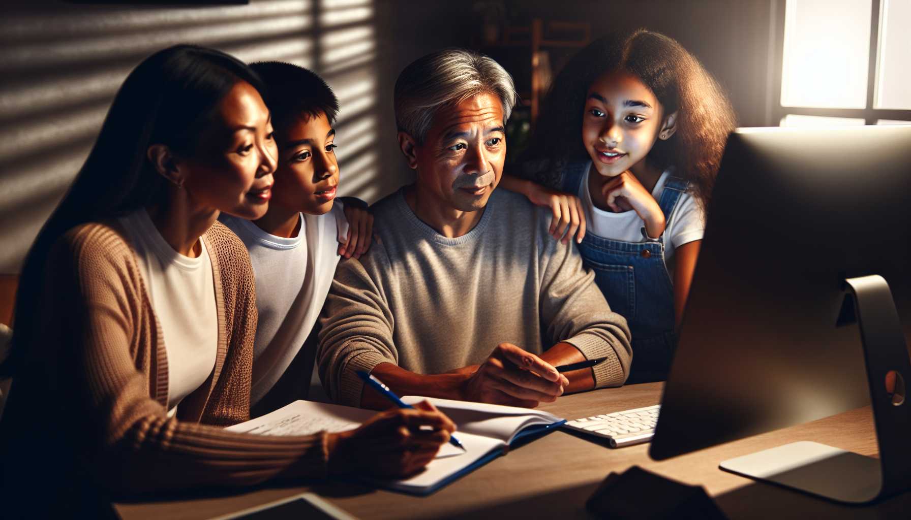 a family engaging in a discussion around a computer screen