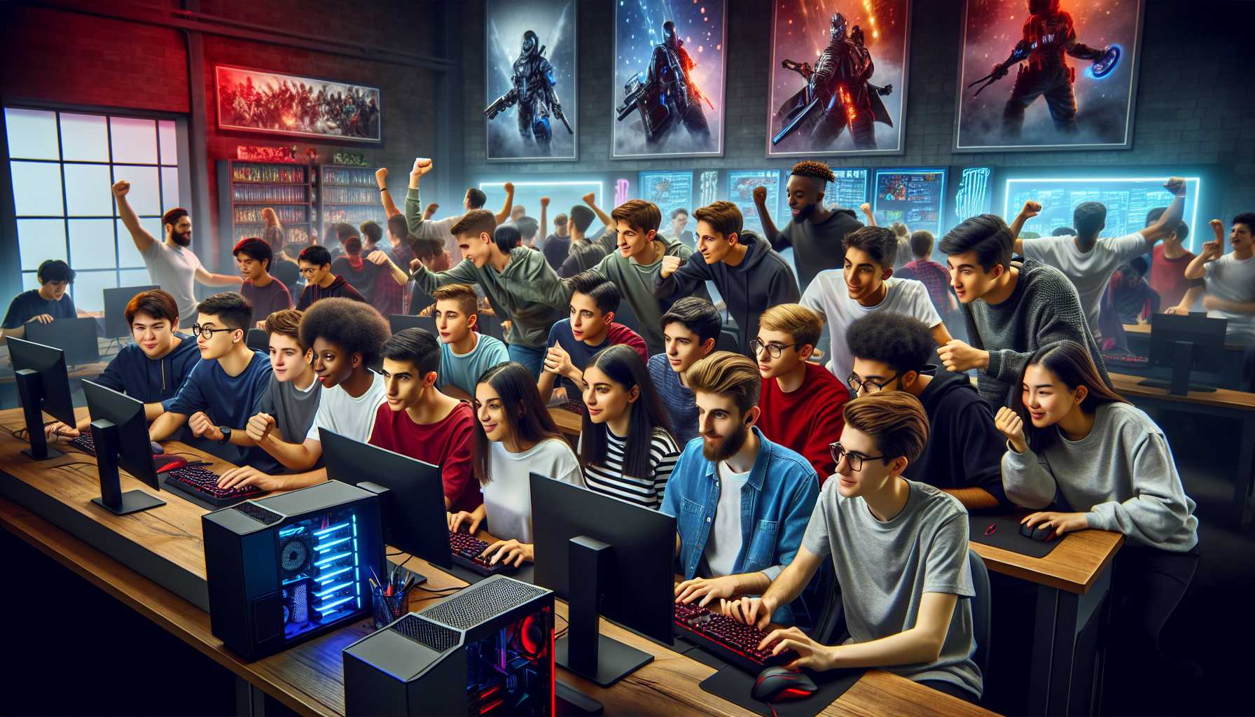 students collaborating and cheering in a school esports club