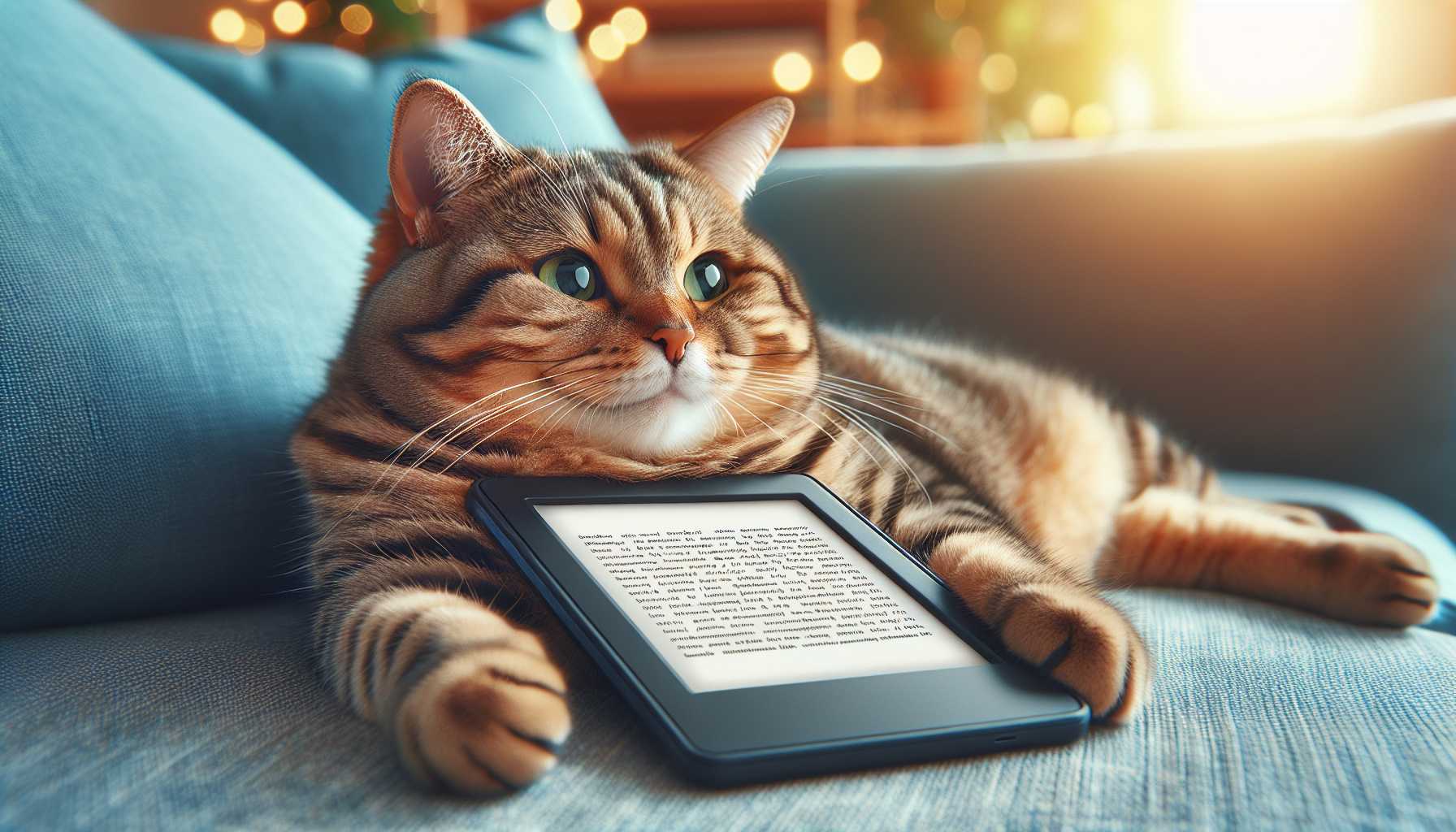 a happy cat reading an e-book