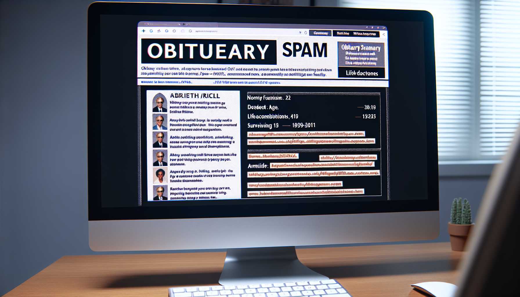 an obituary spam article on a computer screen