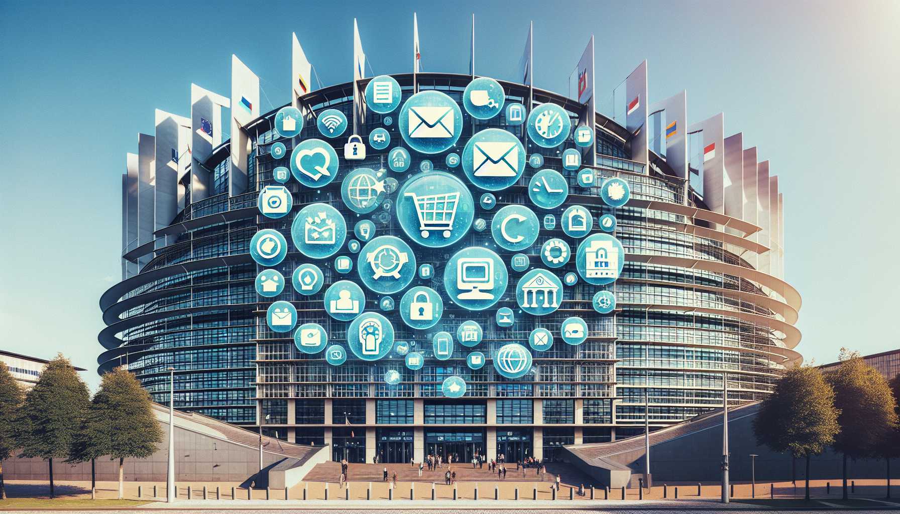 The EU Parliament building overlayed with digital applications icons