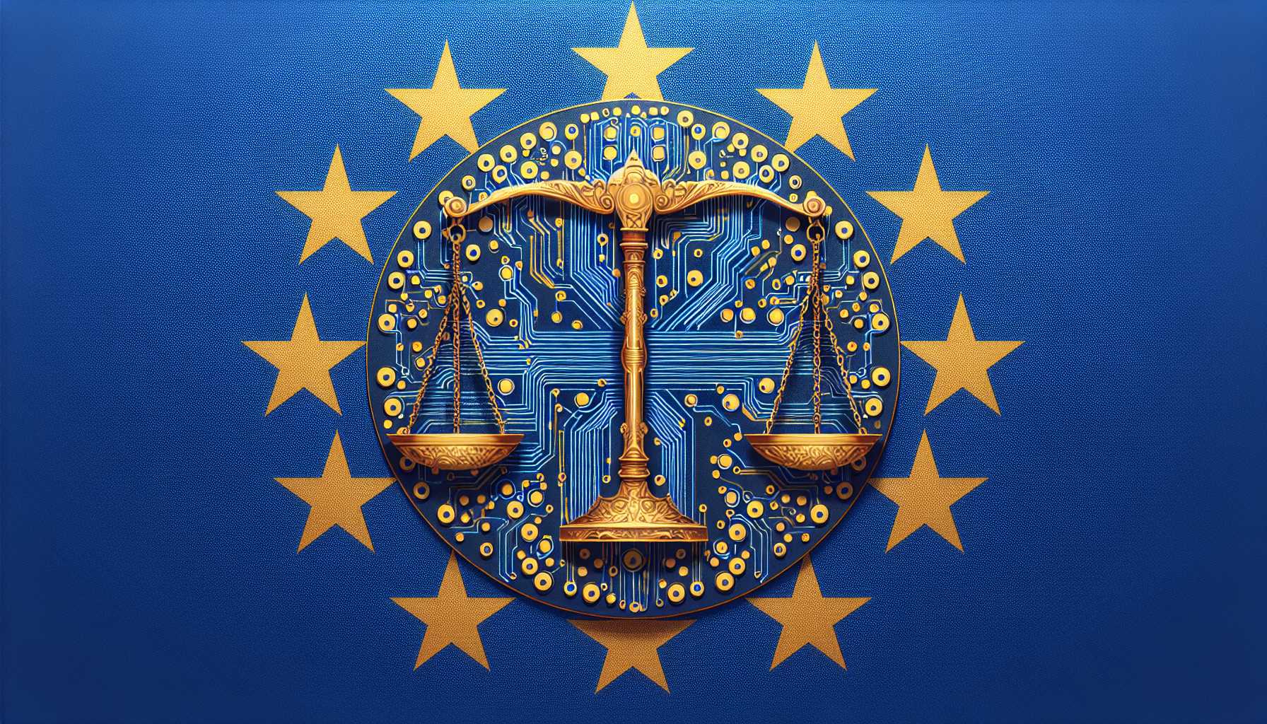 European Union flag with AI circuitry and legal scales