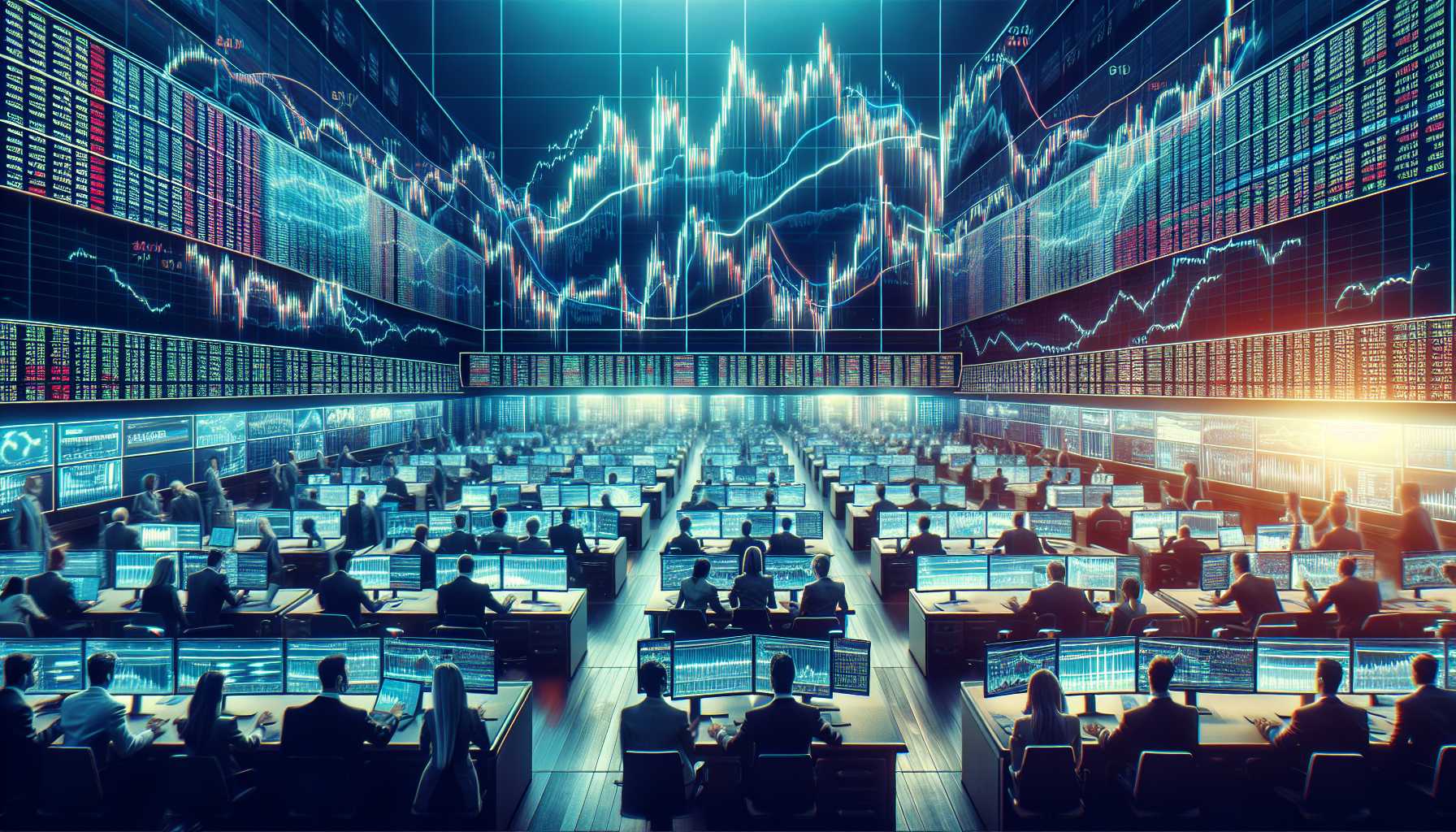 Stock market exchange visual with tech stock performance graphs