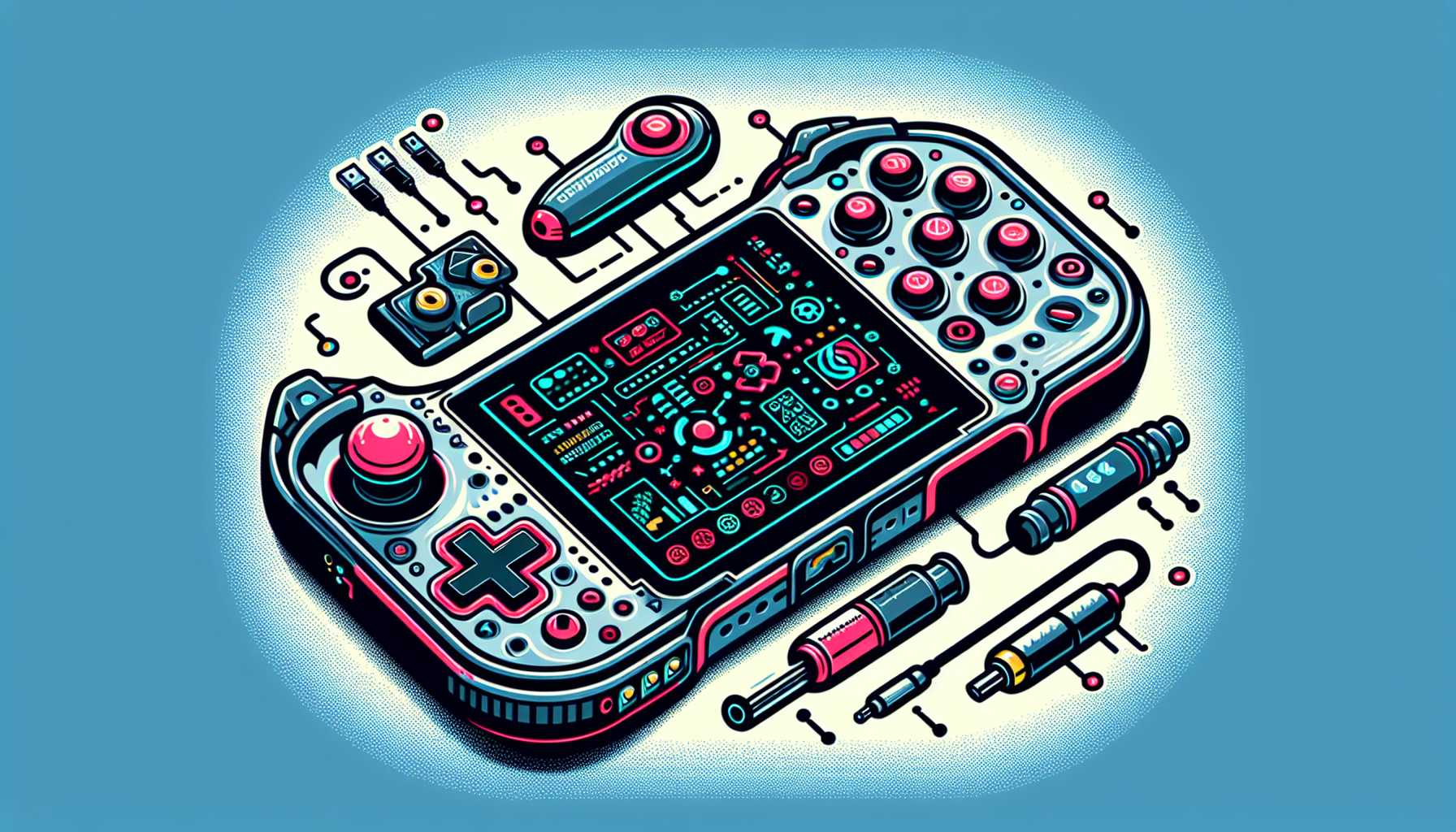 Illustration of the Flipper Zero device with added gaming peripherals and digital tools