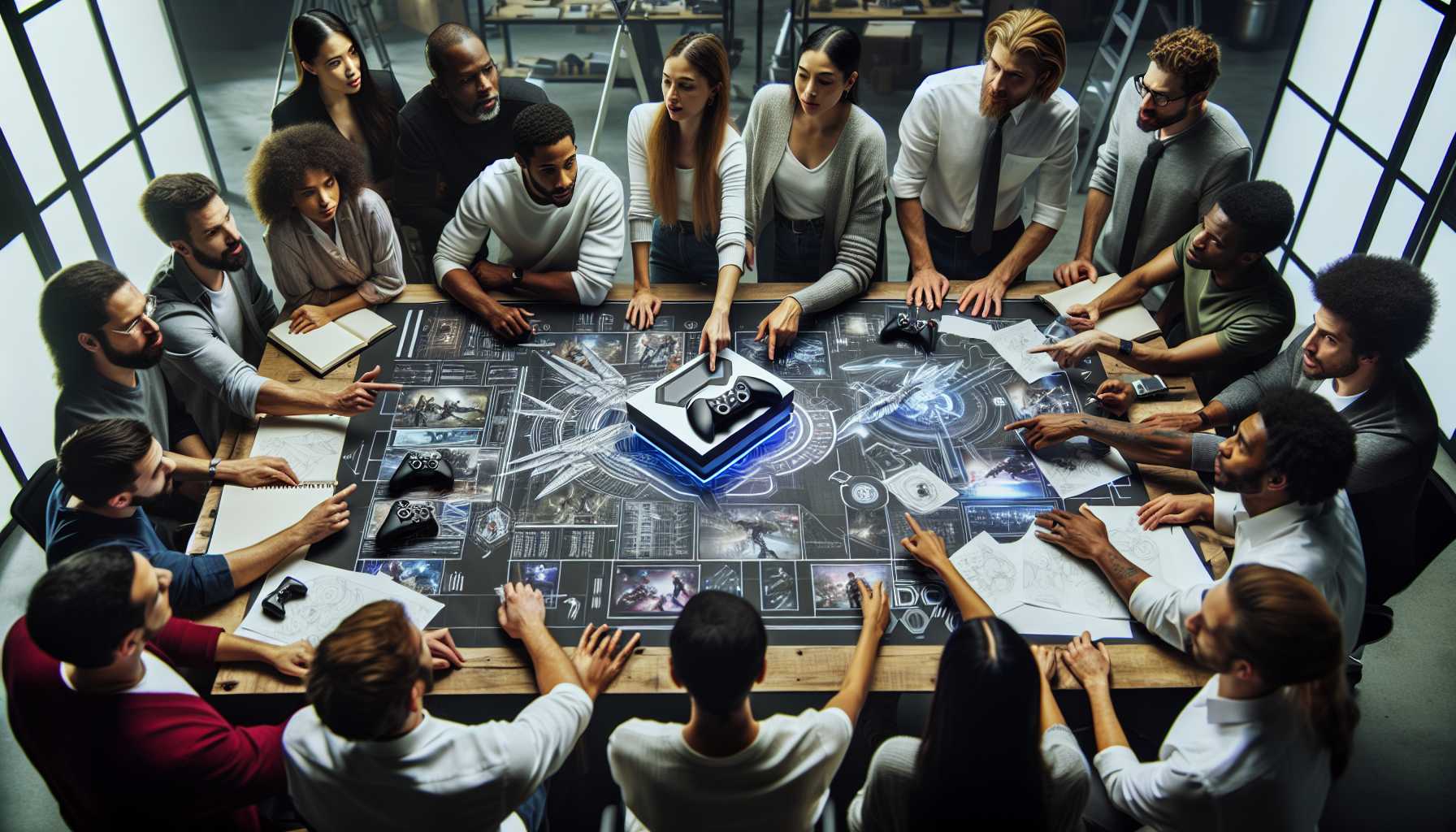 A brainstorming session with Xbox executive team surrounding a console and new game blueprints