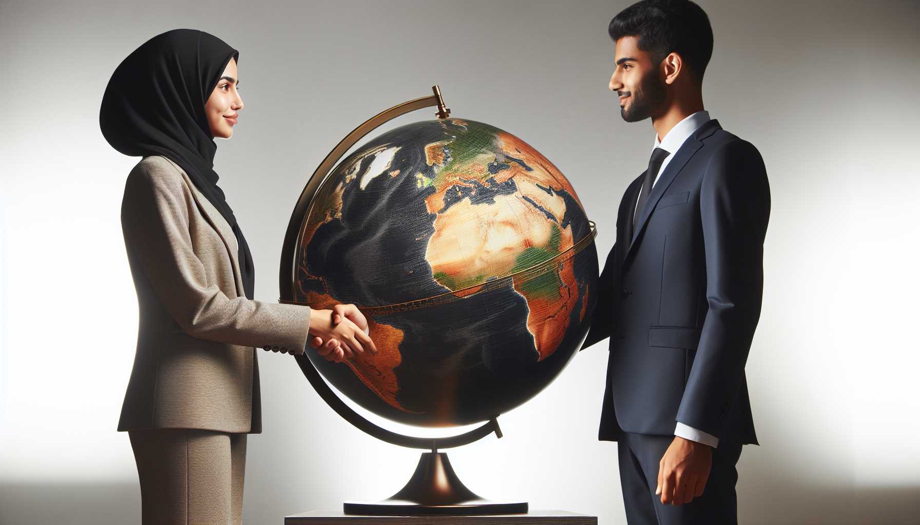 a handshake between two executives in front of the African continent highlighted on a globe