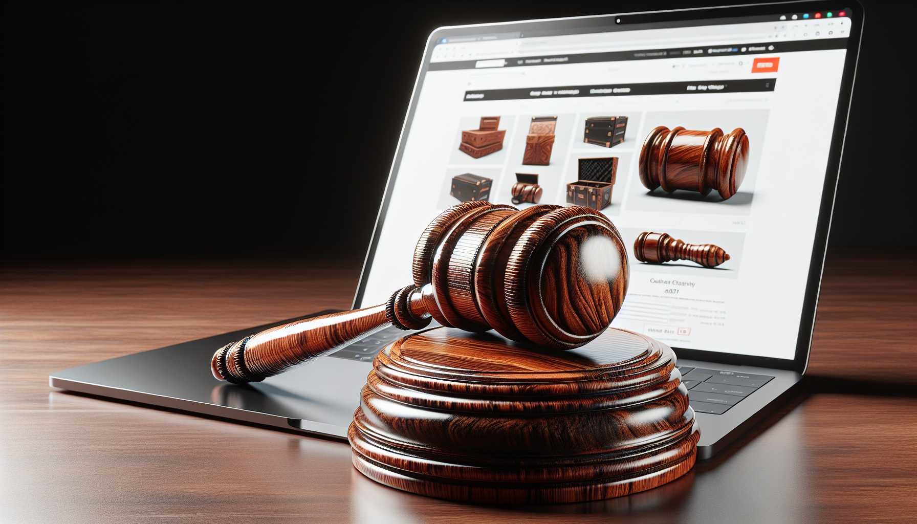 a judge's gavel and a laptop displaying an e-commerce website