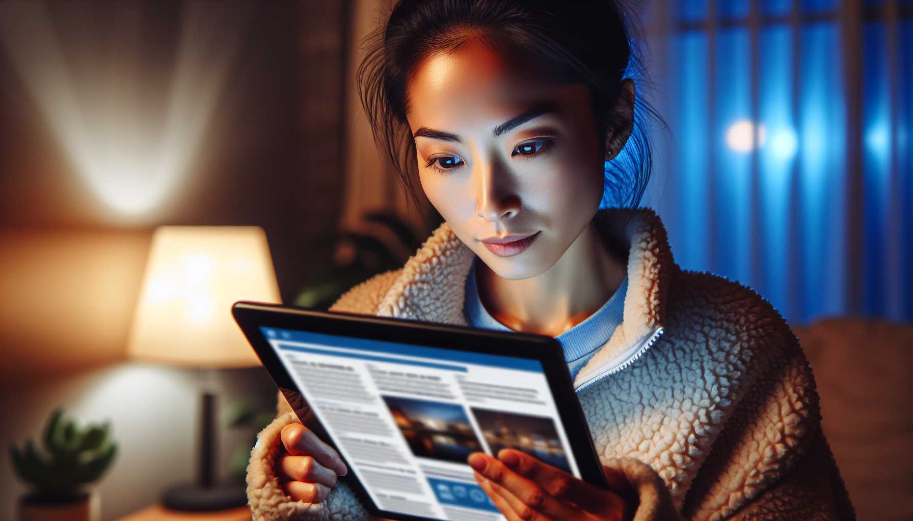 a person reading a tech news blog on a tablet, looking intrigued