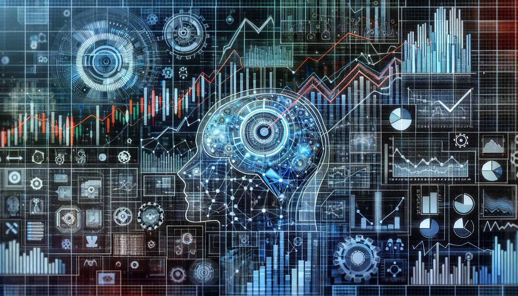 stock market graphs and tech symbols representing AI technology