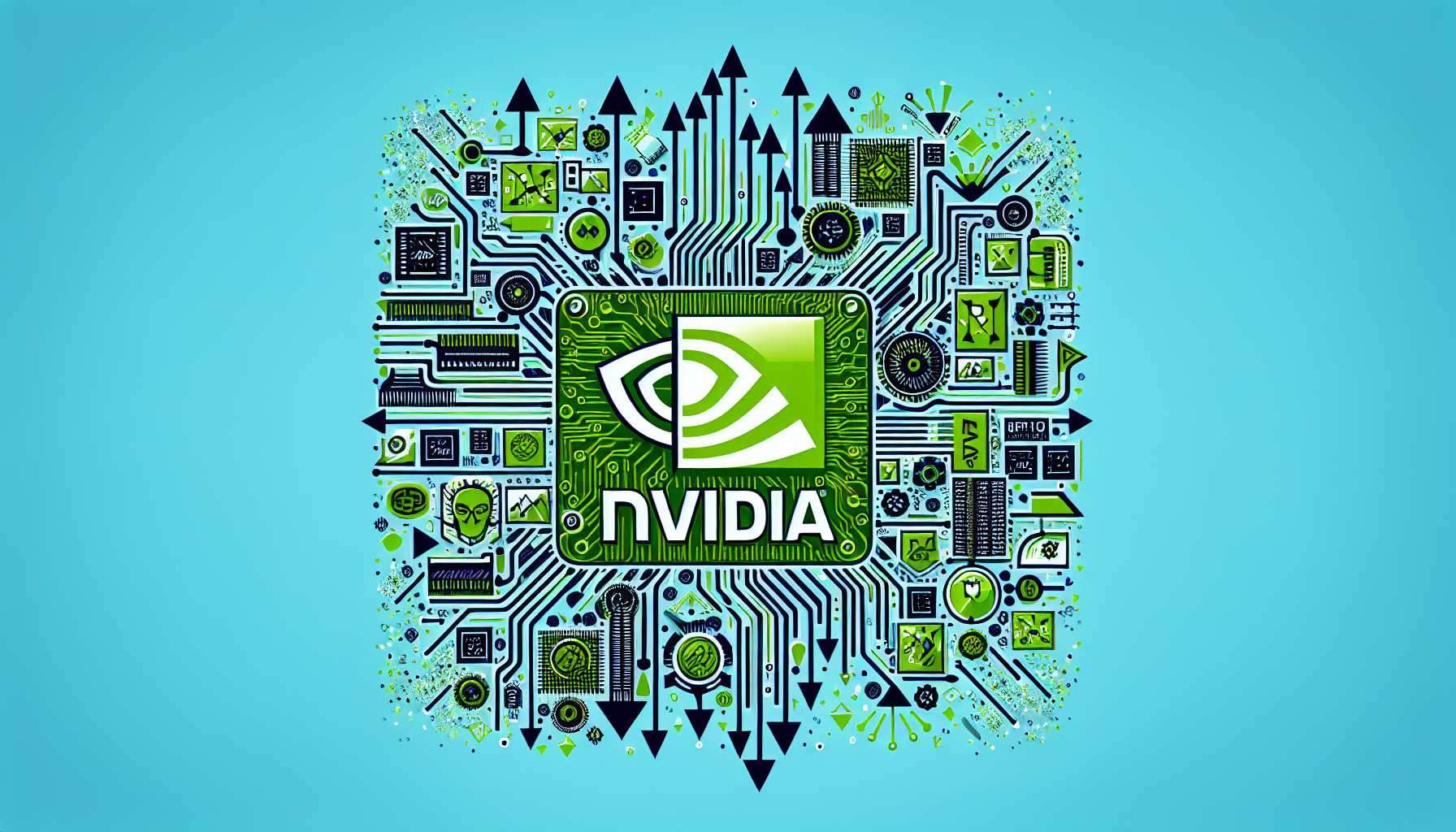 Nvidia logo surrounded by AI accelerator graphics and upward trending arrows