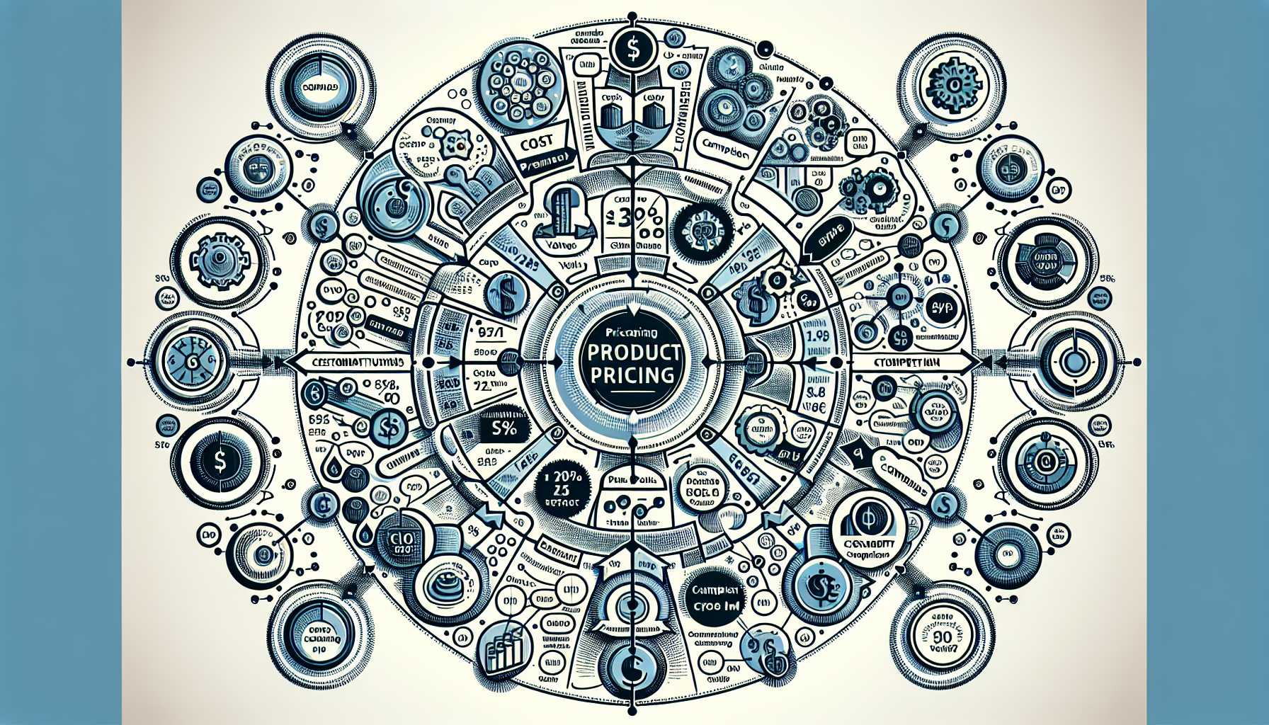 a complex diagram showing different product pricing strategies and influences including cost, value, competition, and customer segments, all connected in a circular model