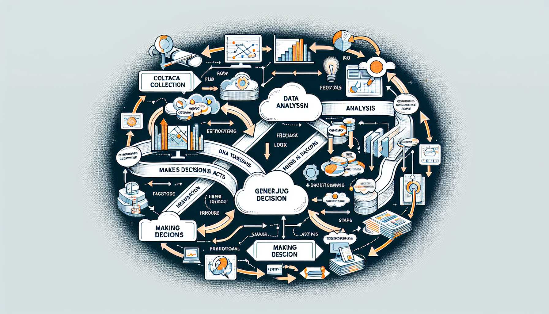 a flowchart diagram outlining the process of data-driven decision making, including stages such as data collection, analysis, insight generation, decision making, and action taking, with intersecting paths and feedback loops