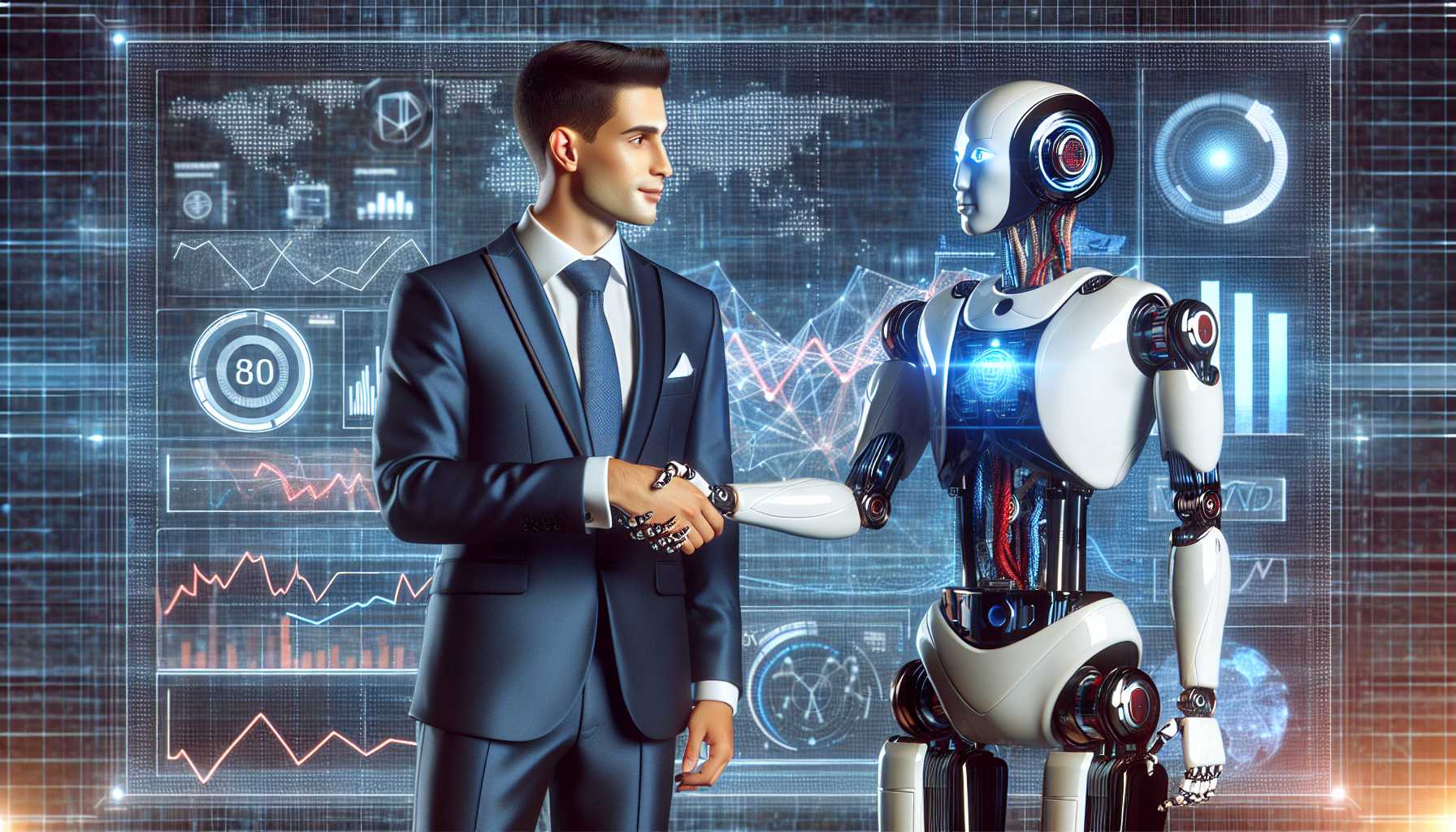 human and robot shaking hands, representing collaboration in financial technology