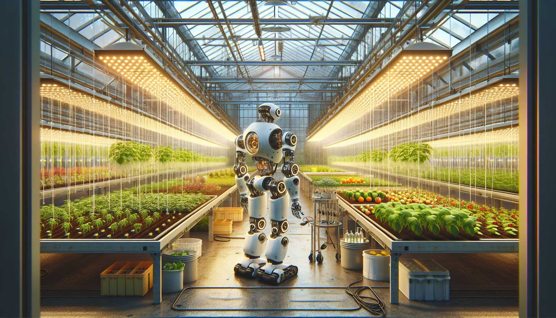 robot farming technology inside a futuristic greenhouse