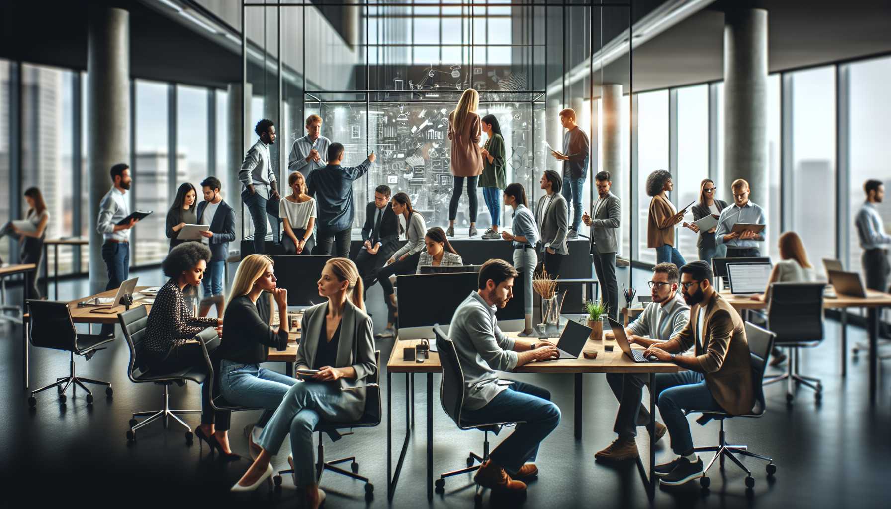 diverse group of tech innovators collaborating in a modern office space