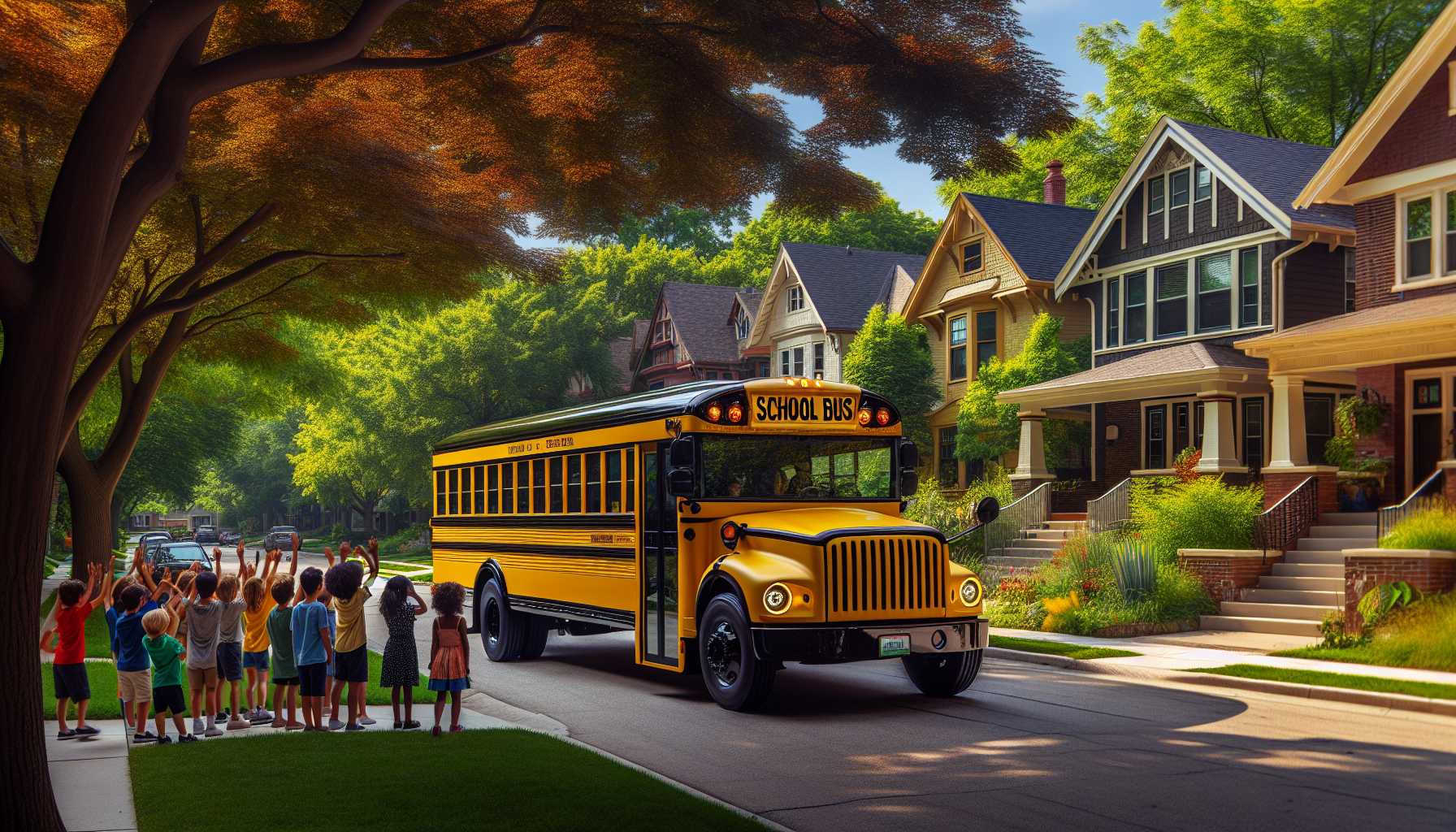 electric school bus driving through a neighborhood