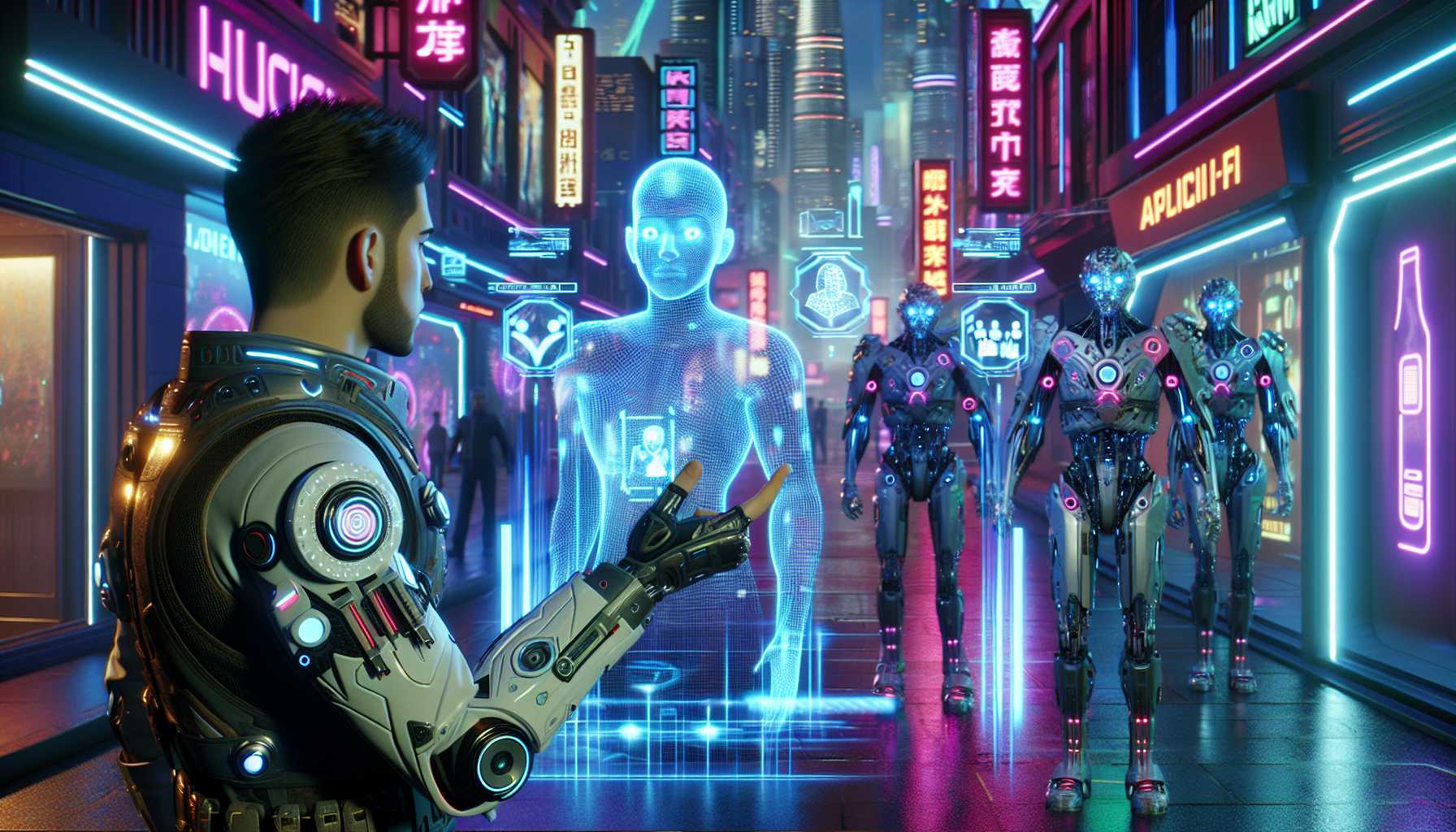 a character interacting with AI-driven non-player characters in a futuristic video game