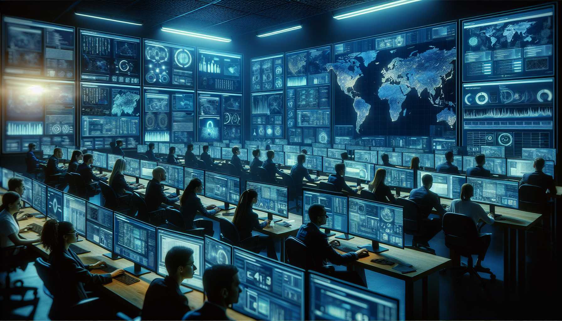 cybersecurity professionals monitoring screens in a high-tech security operations center