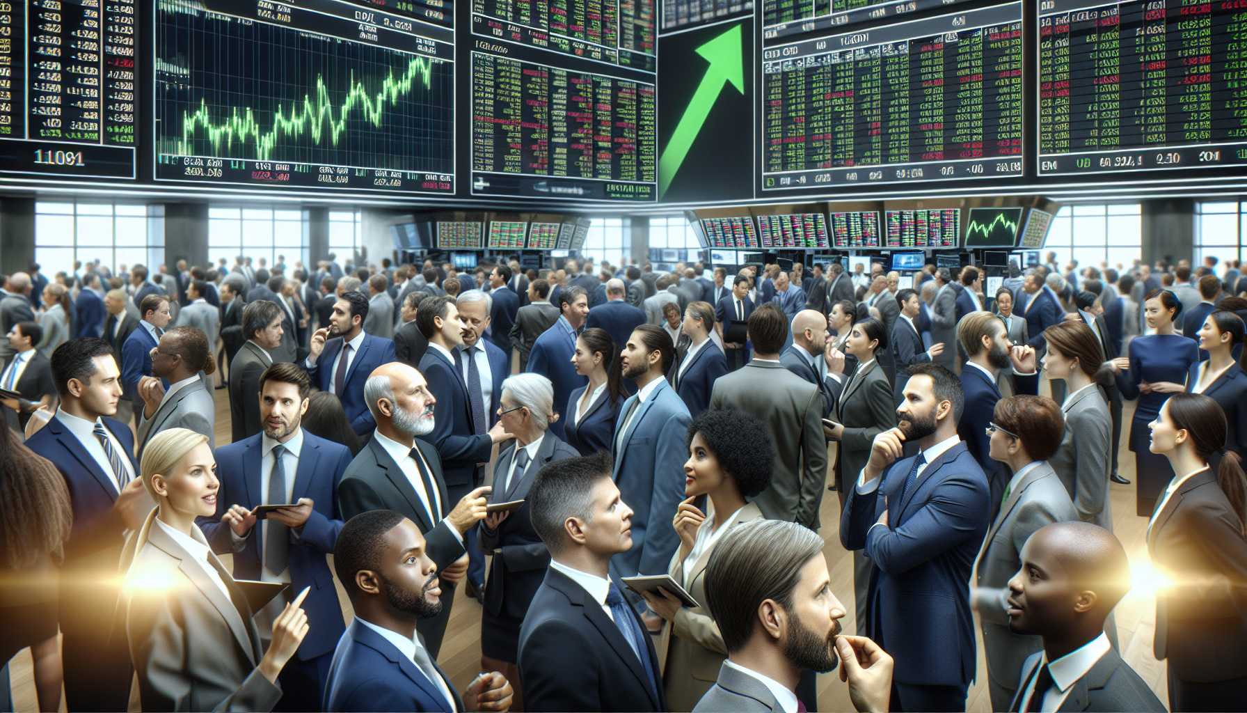 a bustling stock exchange floor with digital screens displaying AI and technology stocks soaring