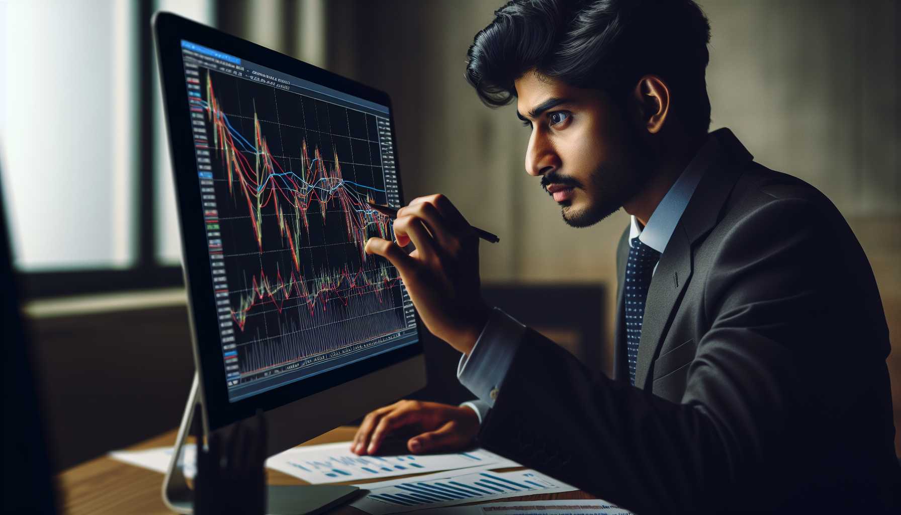 a person pondering over a stock market graph with distinct AI stock trend lines