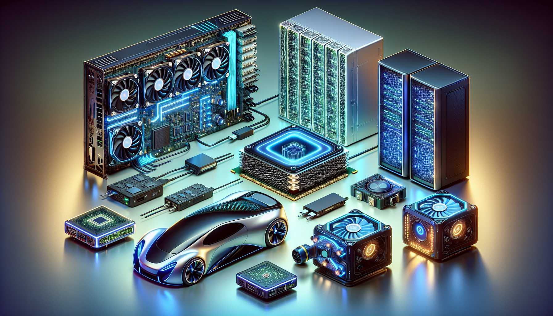 an assortment of AI-related gadgets including GPUs, servers, and autonomous cars