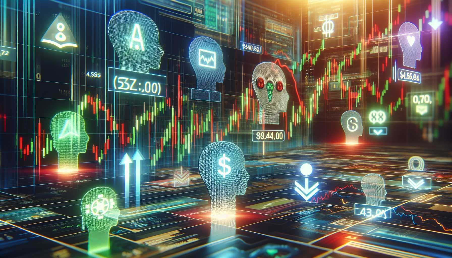 a group of AI stocks symbols rising on a holographic chart with stock prices below $500