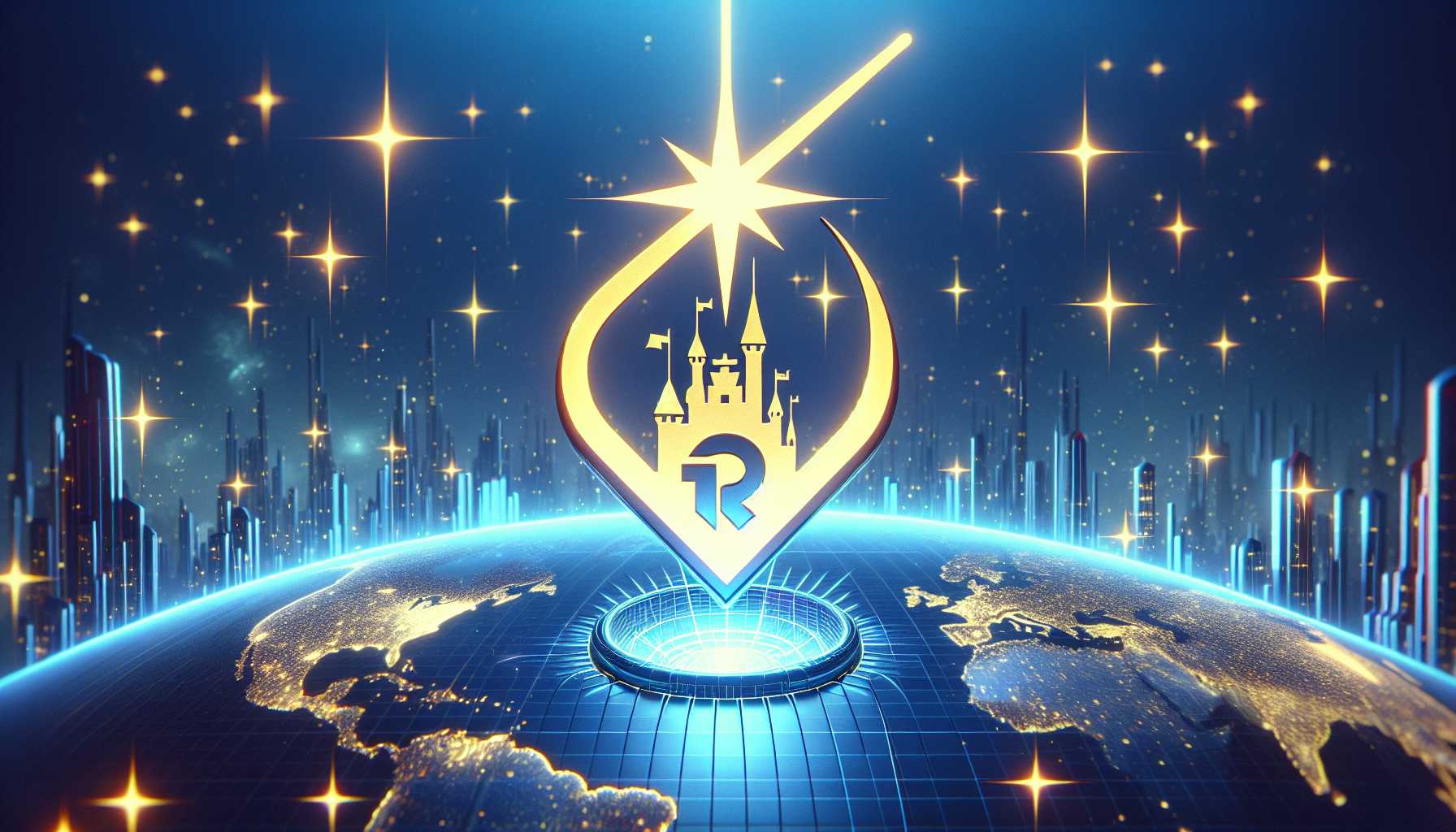 iconic Disney and Roblox logos shining over a digital globe representing the metaverse