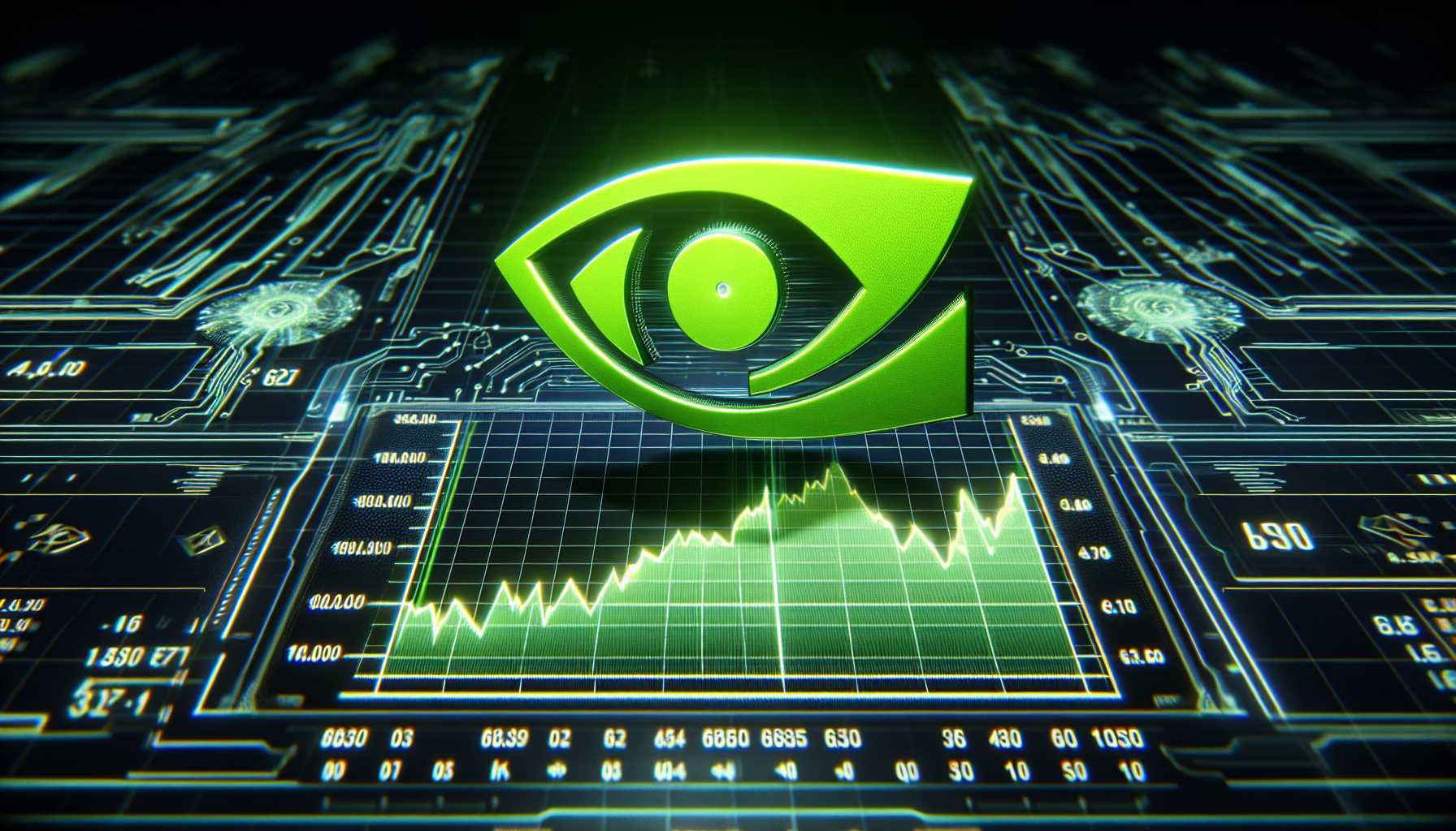 Nvidia's logo above a chart indicating stock price increase in a futuristic interface