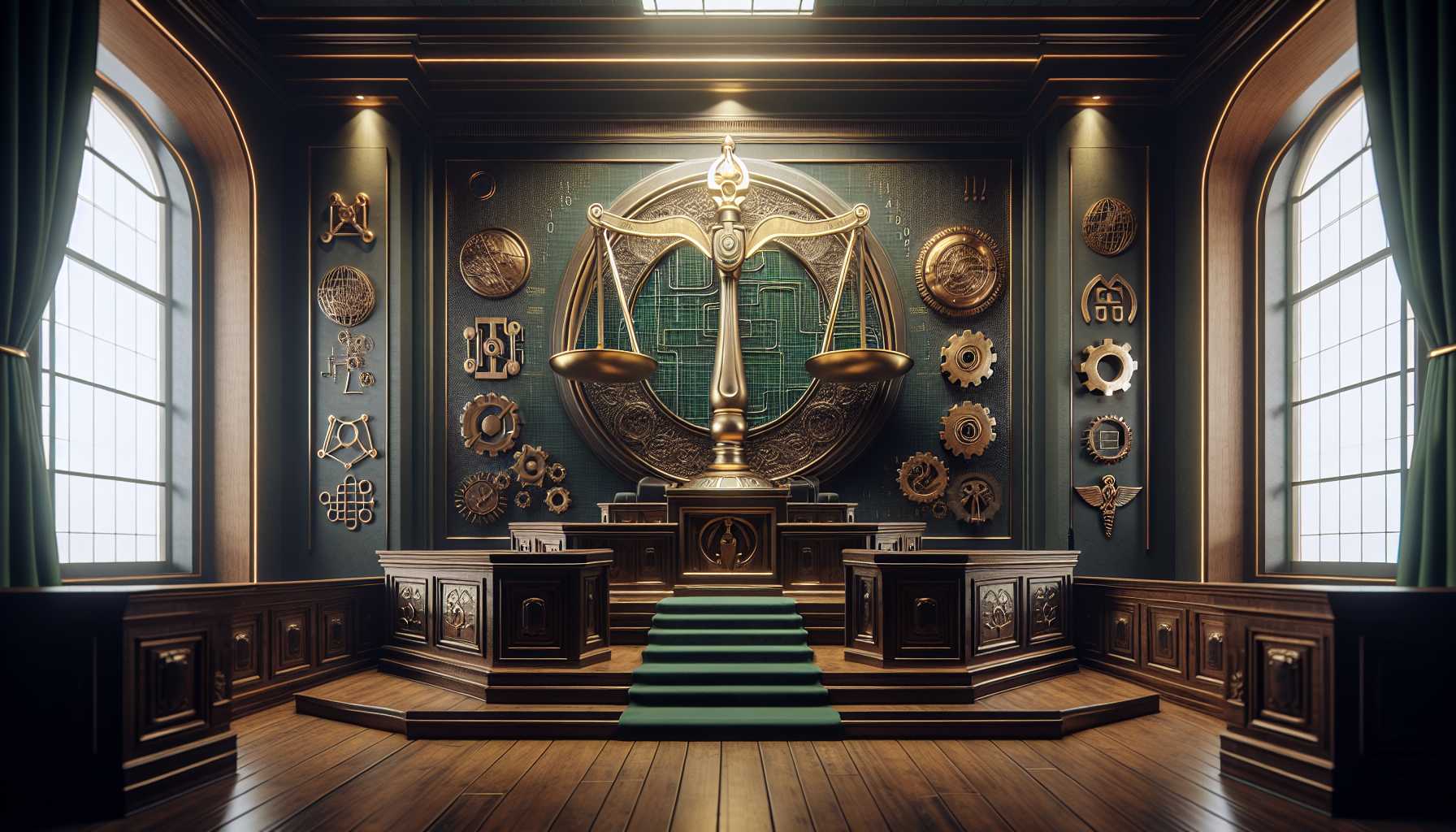 Courtroom with a justice scale and AI symbols