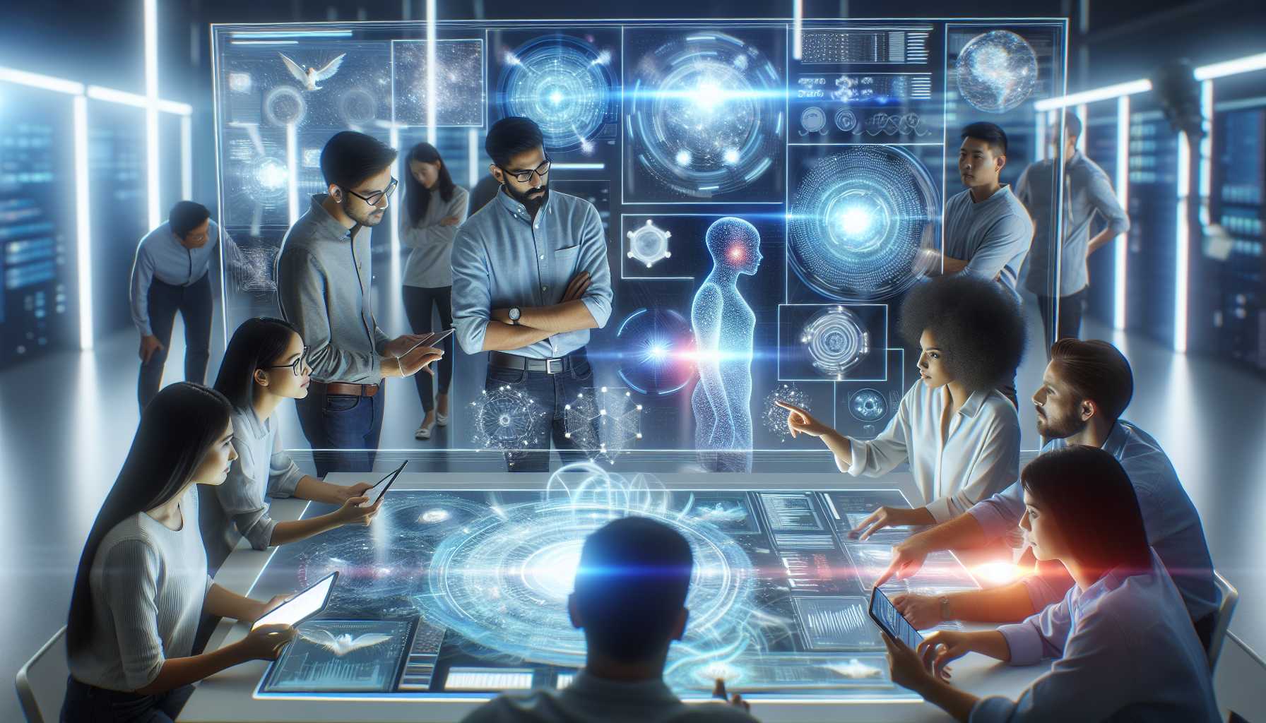 developers discussing AI applications on futuristic digital interfaces