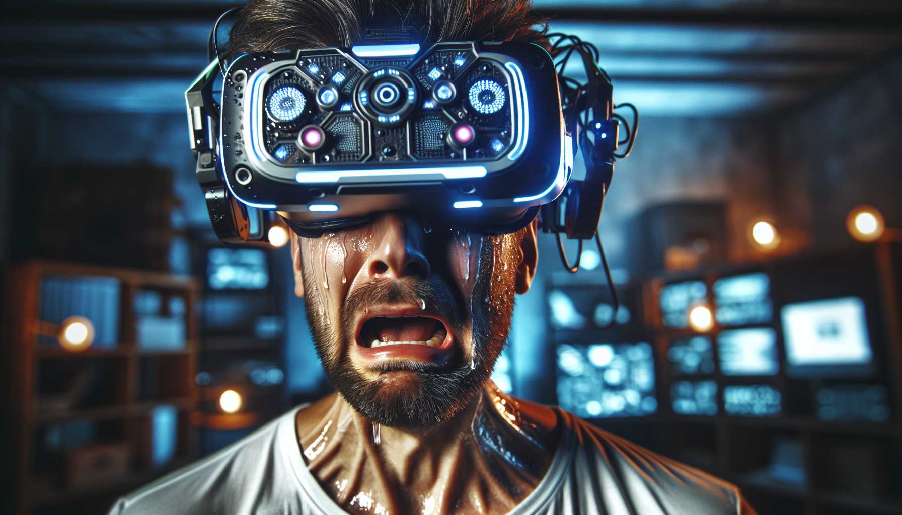 an unhappy person experiencing discomfort while wearing an advanced VR headset