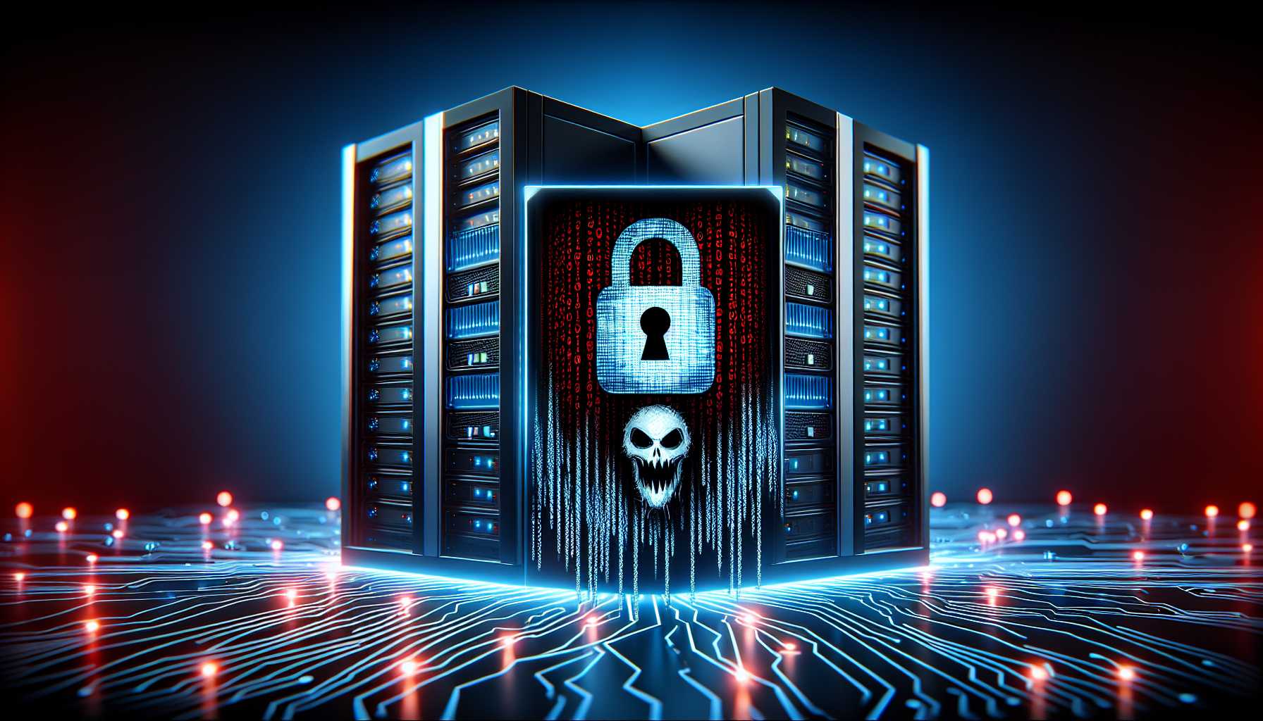 Ransomware icon attacking a virtual representation of a corporate server