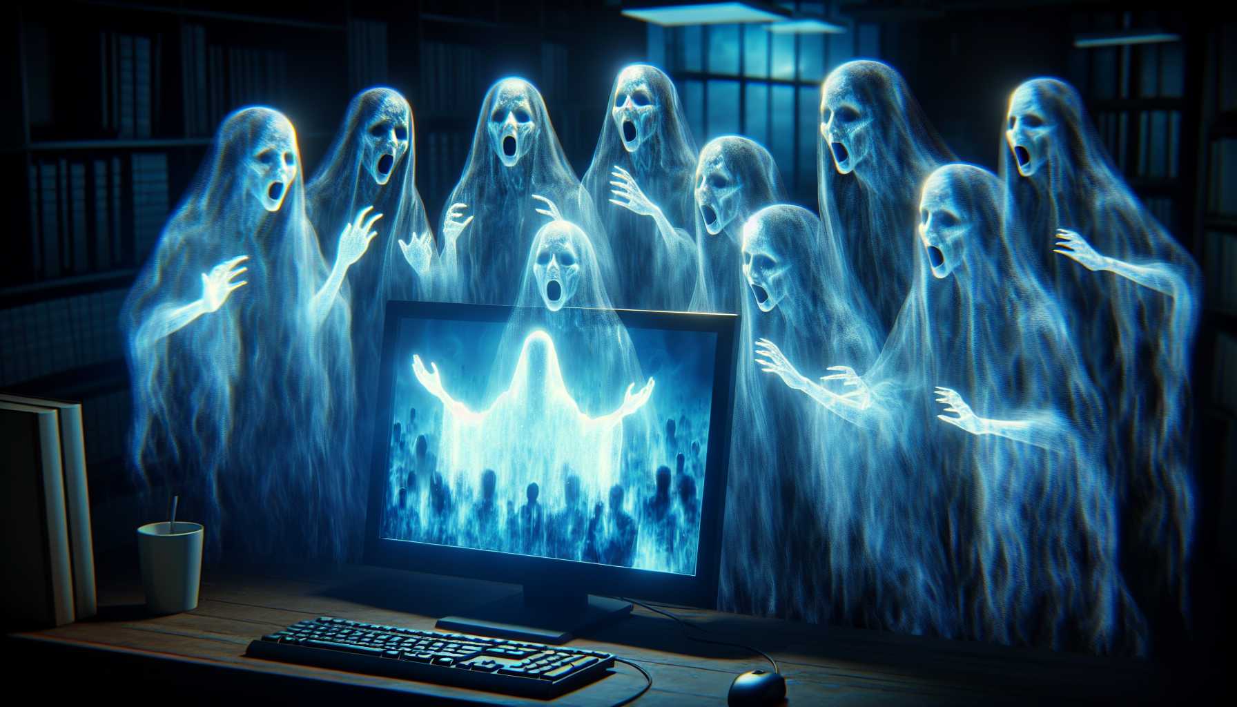 AI-generated specters demanding legislative action depicted as ghostly voices in a computer