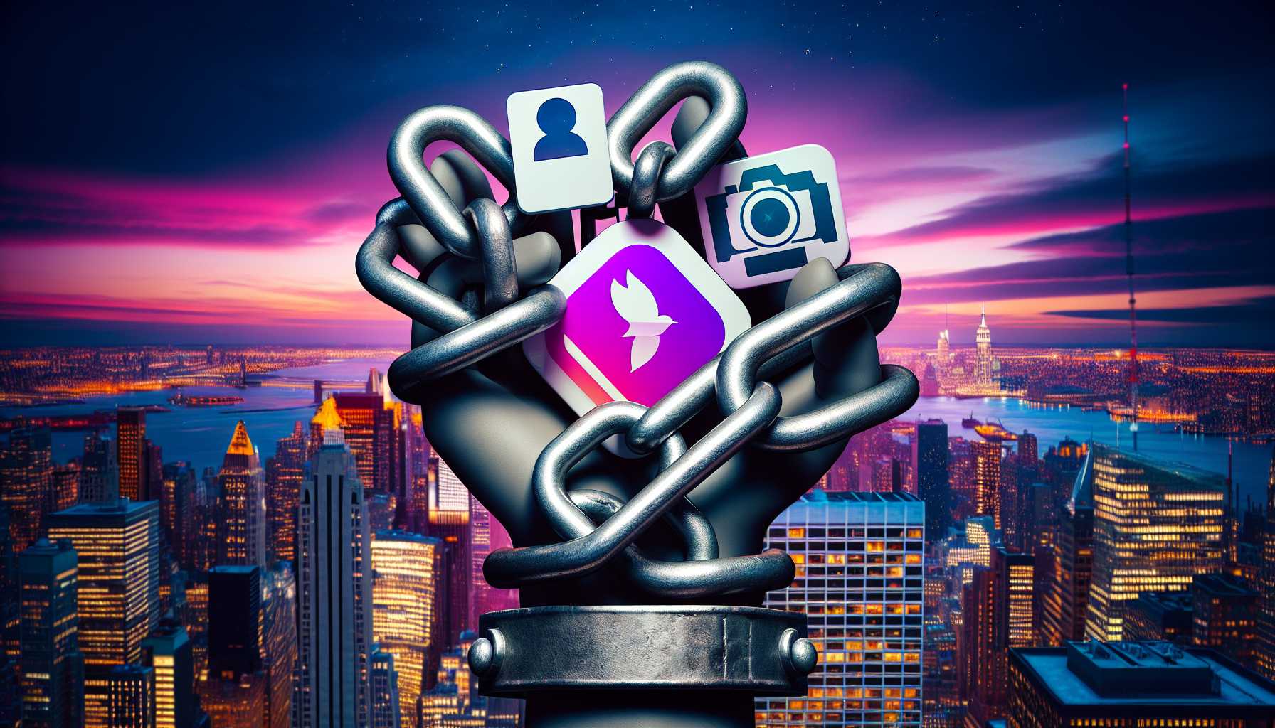 Social Media app icons entangled in legal chains with a backdrop of NYC skyline