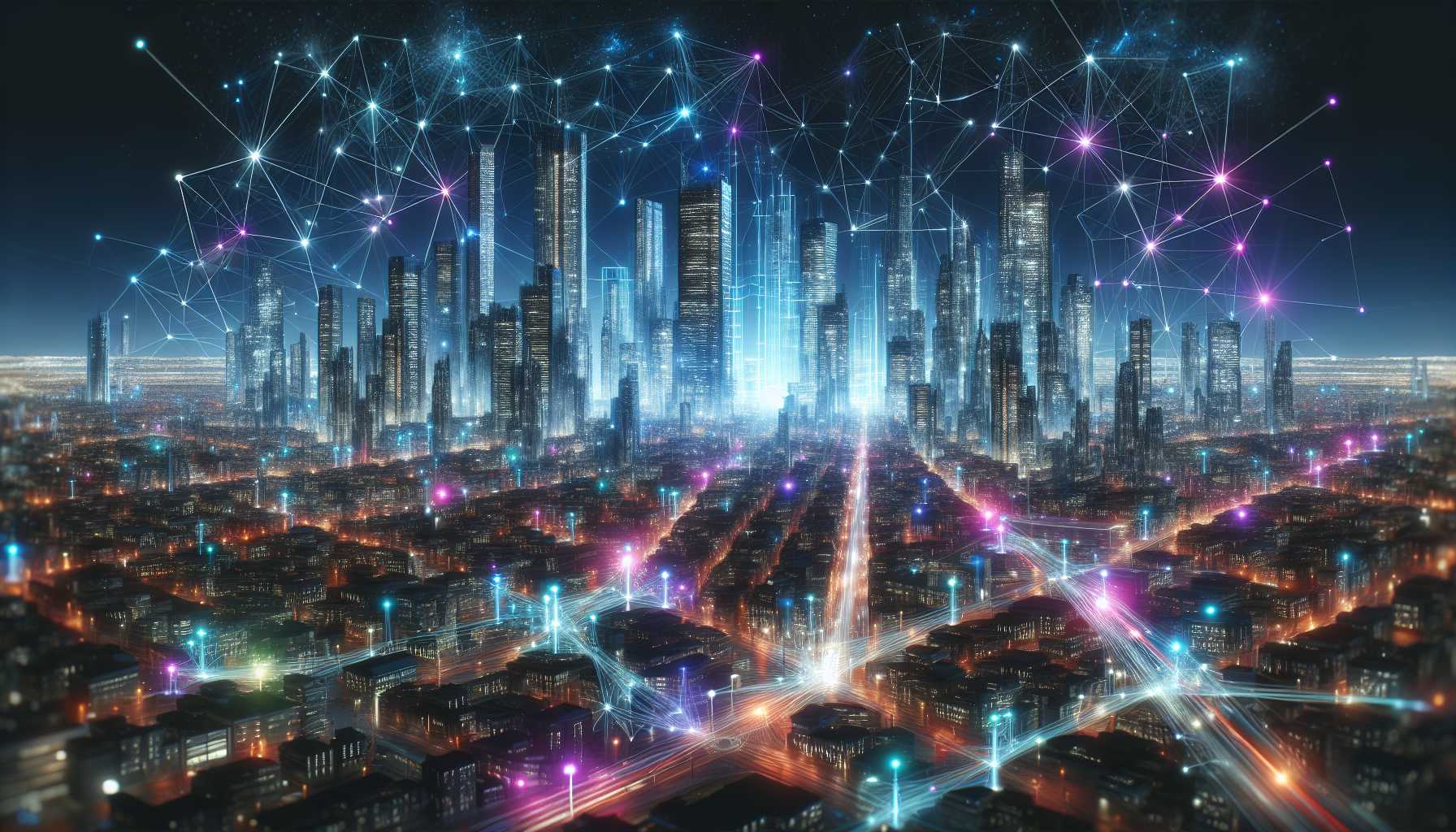 A shining cityscape at night representing the future of technology with bright nodes connected by lines